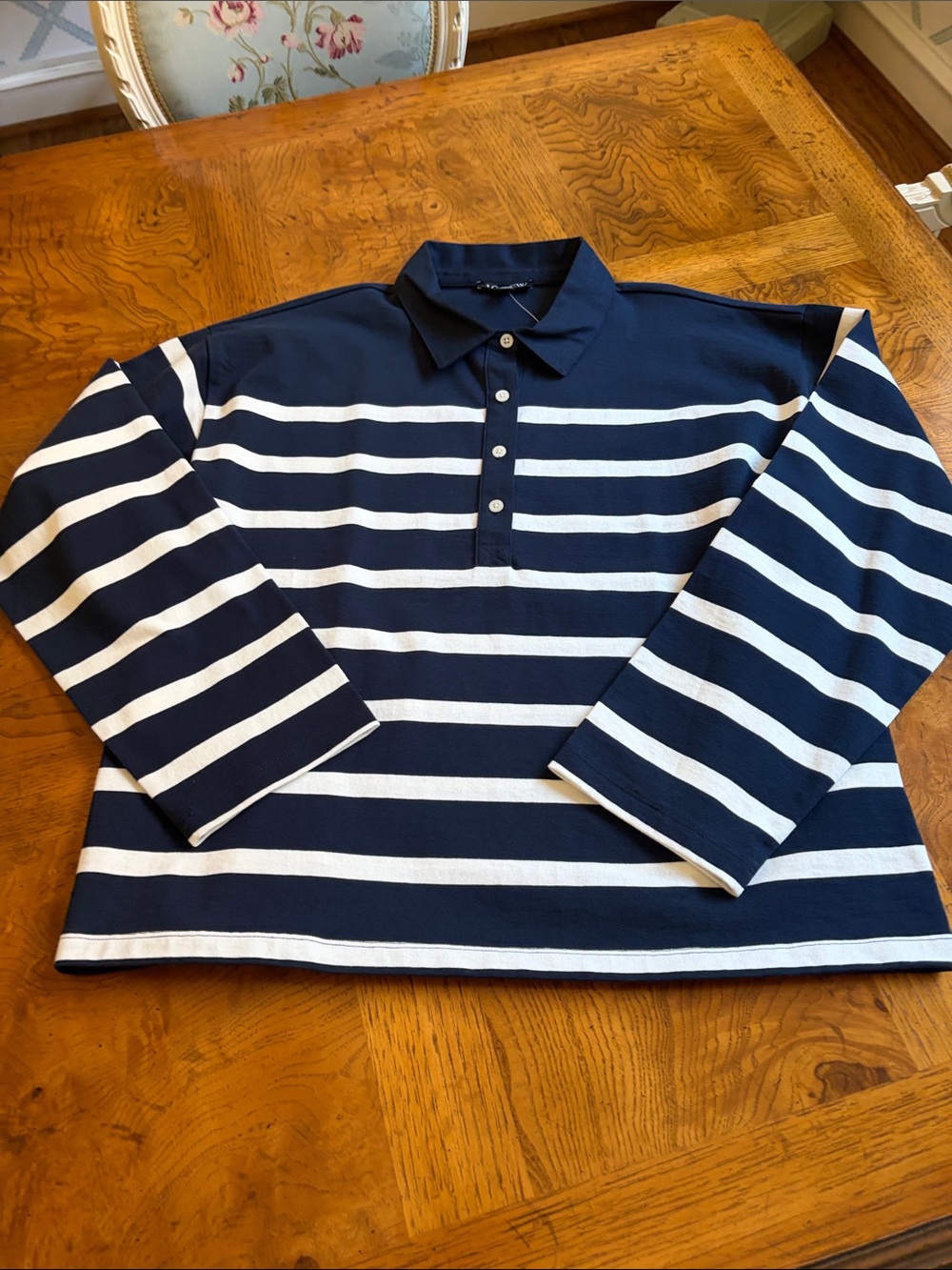 J. Crew Navy and White Striped Long-Sleeve Polo medium women